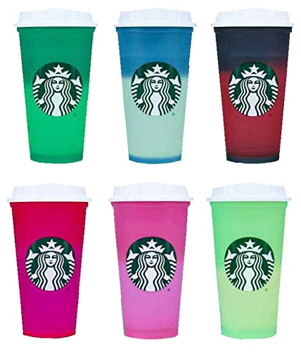 Starbucks Plastic Holiday 2021 Limited Color Changing Reusable Hot Cups with Lids - Set of 6