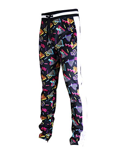 SCREENSHOT-P11904 Mens Hip Hop Premium Slim Fit Track Pants - Athletic Jogger 80's Retro Pattern Print Streetwear Bottoms-Black/Pop-2XLarge