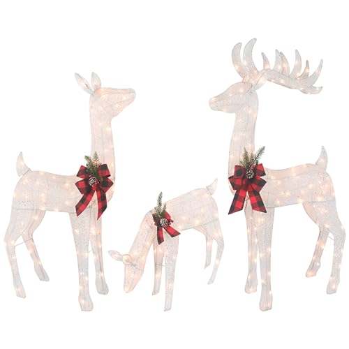 3-Piece Reindeer Family - Lighted Deer Set - 210 Lights 52' Buck 44' Doe 28' Fawn - Large Deer Family for Indoor or Outdoor Christmas Decorations Yard Art (White)