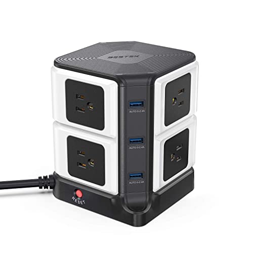 BESTEK USB Power Strip Tower 8-Outlet Surge Protector and 3-Port USB Charging Dock Station,300 Joules,ETL Listed,Dorm Room Accessories (Black and White)