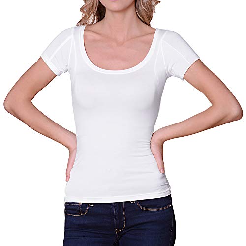 Sweatproof Undershirt for Women, Scoop Neck, White, Sweat Pads (Large)