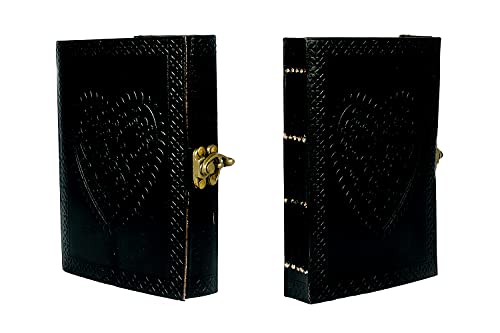 Vintage Large Heart Leather Journal Embossed Travel Diary Handmade Bound Notebook for Men & Women with Lock Closure (Black, 75')