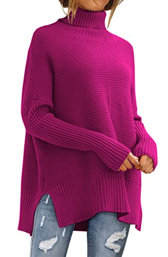 LILLUSORY Women's Turtleneck Oversized Tunic Sweaters 2024 Trendy Casual Long Batwing Pullover Sweater Tops Hot Pink