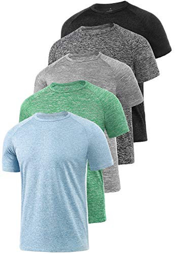Xelky 4-5 Pack Men's Dry Fit T Shirt Moisture Wicking Athletic Tees Exercise Fitness Activewear Short Sleeves Gym Workout Tops Black/Darkgray/LightGray/LightBlue/Green M