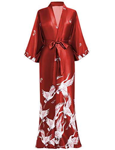 PRODESIGN Long Kimono Robe Satin Sleepwear Blouse Silky Bathrobe Nightgown Floral Crane Kimono Cardigan Cover Up