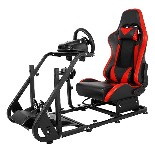 Mokapit Sim Racing Cockpit with Red Racing Seat Mountable Monitor Stand Fit for Logitech GPRO G29 G920 G923 Thrustmaster T80 T300RS GT Fanatec Adjustable Racing Stand without Pedal Wheel Shifter
