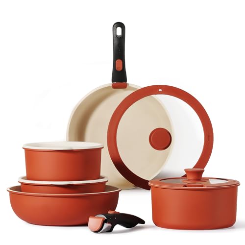 CAROTE 11pcs Pots and Pans Set, Nonstick Cookware Set Detachable Handle, Induction Kitchen Cookware Sets Non Stick with Removable Handle, RV Cookware Set, Oven Safe, Red