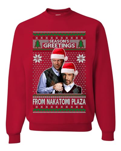 Wild Bobby Season's Greeting From Nakatomi Plaza Ugly Christmas Sweater Unisex Crewneck Sweatshirt, Red, 4X-Large