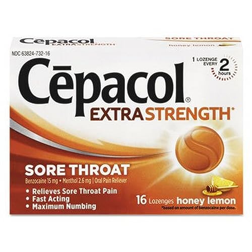 Cepacol Extra Strength Sore Throat Relief Lozenges, Honey Lemon Cough Drops, Maximum Numbing- Fast Acting Sore Throat, Mouth & Canker Sore Pain Relief with Benzocaine & Menthol, 16 Count