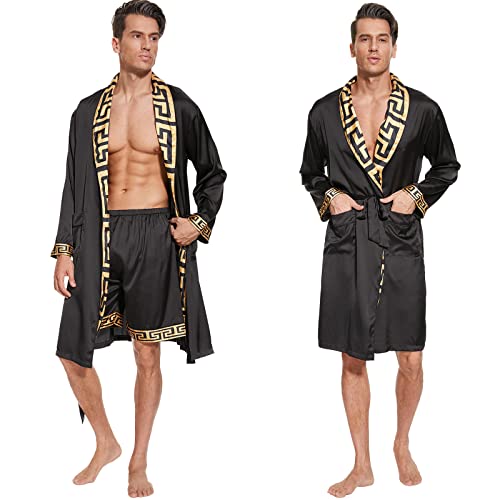 N&D Eyong Men's Luxurious Silk Bathrobes Long Sleeve Satin Kimono Robe with Shorts Sleepwear Set Printed Bathrobes (Large)