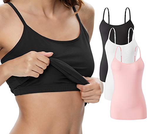 Vislivin Womens Cotton Camisole Adjustable Strap Tank Tops with Shelf Bra Stretch Undershirts 3 Pack Black/White/Pink XXL