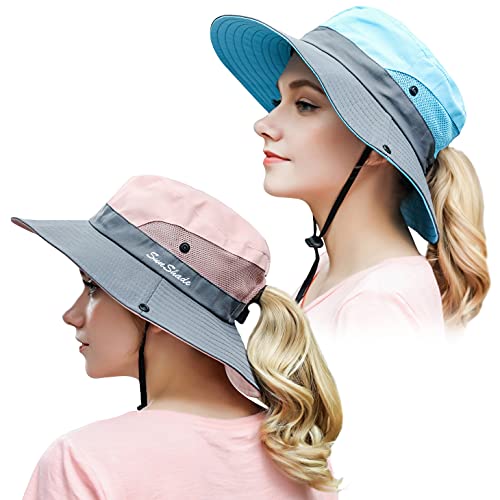 Muryobao Womens Outdoor Sun Hat Ponytail UV Protection Wide Brim Mesh Foldable Safari Beach Fishing Bucket Cap 2 Pack Pink & Blue