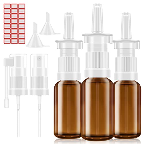 YAKESD Nasal Spray Bottle, 3 Pcs 30ML/1oz Glass Amber Refillable Fine Mist Sprayers Atomizers, Small Empty Nasal Sprayer with Oils Spray Tops, Oral/Swivel Sprayers, Funnels and Labels