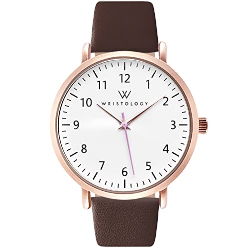 Wristology Numbers Womens Nurse Watch Leather Strap in Rose Gold - Interchangeable Brown Genuine Leather Band Watch - Large Easy Read Analog Watch for Women, Men, Girls, Nurses, Teachers, OC088