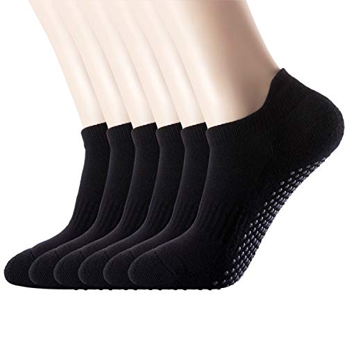 Women's 6-Pack Black Cushioned Anti Slip Grips Piyo Barre Pilate Ballet Low Cut Ankle Yoga Socks Medium