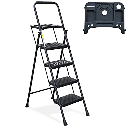 4 Step Ladder, HBTower Folding Step Stool with Tool Platform, Wide Anti-Slip Pedal, Sturdy Steel Ladder, Convenient Handgrip, Lightweight 330lbs Portable Steel Step Stool, Black