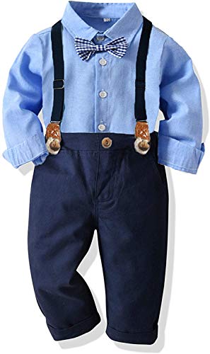 SALNIER Toddler Dress Suit Baby Boys Clothes Sets Bowtie Shirts + Suspenders Pants 3pcs Gentleman Outfits Suits 6 Month - 6 Years (Blue005 3T)