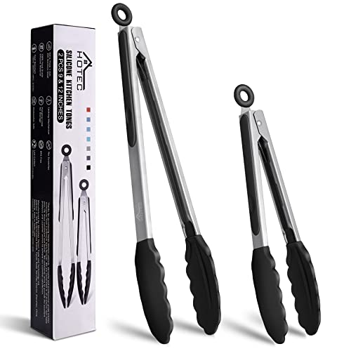 HOTEC Premium Stainless Steel Locking Kitchen Tongs with Silicon Tips, Set of 2-9' and 12'