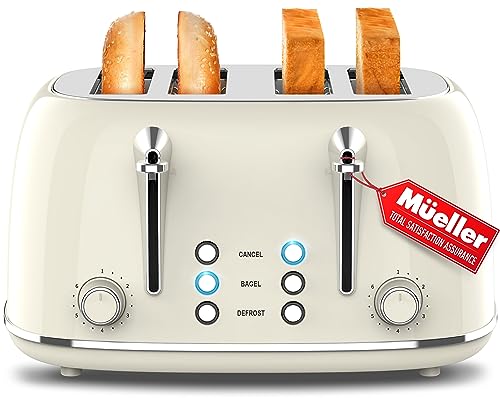 Mueller Retro Toaster 4 Slice with Extra Wide Slots Bagel, Defrost, and Cancel Function, 6 Browning Levels, Dual Independent Controls, Removable Crumb Tray and High Lift Levers, Beige
