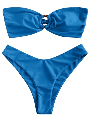 ZAFUL Women's Bandeau Bikini O Ring Strapless Tie Back High Cut Two Piece Swimsuit Bathing Suits (0-Deep Blue, S)