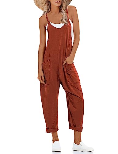 Lentta Women's Causal Jumpsuits V Neck Sleeveless Harem Overalls Stretchy Adjustable Strap Romper with Pockets(Rust-M)