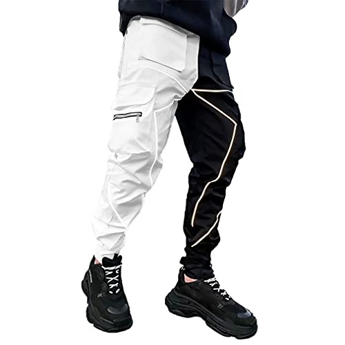 Mens Cargo Pants Hip Hop Techwear Harem Pant Jogger Sweatpants with Pockets Jogging Punk Black/White L