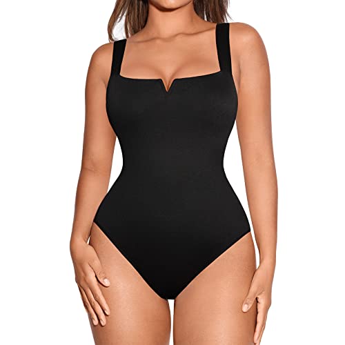 FeelinGirl Square Neck Bodysuit for Women Shapewear Tummy Control Slimming Bodysuits Going Out Tank Tops Jumpsuits Black L