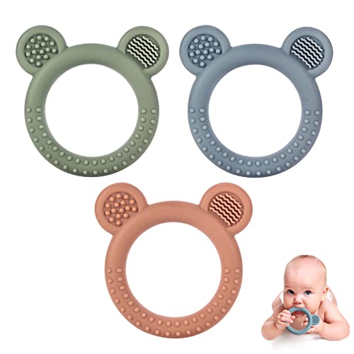 Eascrozn Baby Teething Toys for Babies 0-6 Months Set of 3, Baby Toys 6 to 12 Months, BPA Free Soft and Textured Bear Ring Silicone Teether Relief Soothing Sore Gums Chew Infant Toys