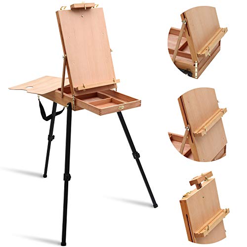 Falling in Art Light Weight French Style Field and Sketchebox Easel with Aluminum Tripod, Adjustable Beechwood Tripod Standing Easel with Drawer, Palette