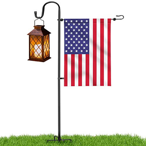 LOPANNY Garden Flag Stand - Upgraded Garden Flag Pole with Shepherd Hooks for 12 x 18' Flag, 45IN Yard Flag Holder Stand for Small Flags(Without Solar Lights & Flag)