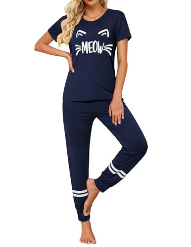 Ekouaer Pj Women's Set Sleepwear Two Piece Pajamas Tops with Long Sleep Pants O-neck Loungewear Navy Blue Galentine day Gift