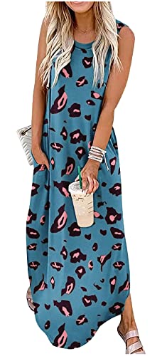 CHUNTIANRAN Women's Maxi Dress Summer Casual Sundress Sleeveless Long Dresses Hawaiian Beach Maxi Dresses with Pockets(Leopard Teal,Medium)