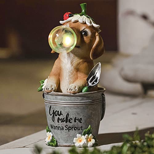 LA JOLIE MUSE Garden Statue Dog Figurine - 11.7' Bubble Puppy with Solar LED Lights for Outdoor Indoor Spring Decoration for Patio Yard Lawn, Garden Gifts for Mom