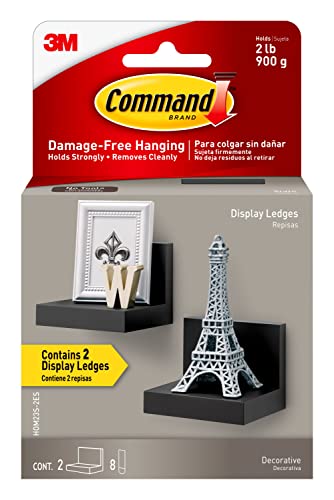 Command Display Ledges, Holds up to 2 lb, Slate, 2 Ledges with 8 Medium Command Strips, Damage Free Hanging Floating Shelf with Adhesive Strips, Personalize Living Room, Bedroom, Kids Room or Office