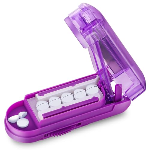 DUBSTAR Pill Cutter Splitter for Small and Tiny Pills, Multiple Pill Cutters for Small or Large Pills, Adjustable Pill Splitter with Centering Device and Blade Guard for Multi Tablets (Purple)