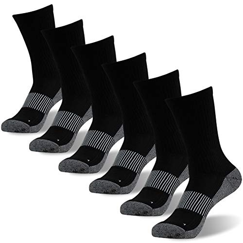 Copper Socks for Men, Women FOOTPLUS Mid Calf Arch Support Moisture Wicking Running Cross Cushioned Sole Anti Odor Hiking Camping Trekking Mountain Climbing Socks, 6 Pairs All Black Fit, Large