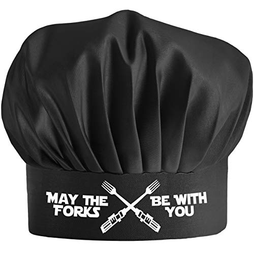 Funny Chef Hat - May The Forks Be with You - Adjustable Kitchen Cooking Hat for Men & Women Black