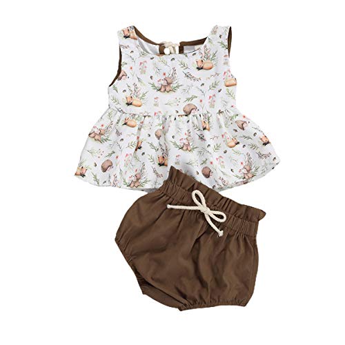Newborn Baby Girls Summer Shorts Set Loose Floral Sleeveless Tank Tops Solid Ruffle Shorts 2Pcs Clothes Set (Brown, 2-3T)