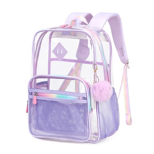 BEEXS Clear Backpack, Heavy Duty Transparent Backpack for School, Clear Bags with Wider Shoulder Straps, Quick Security Check See Through School Backpack Stadium Approved, Purple
