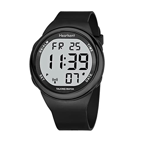 Hearkent Atomic Talking Watch Sets Itself for Visually impaired or Seniors LCD Big Number Easy-to-Read Talking Watch for Elderly (All Black)