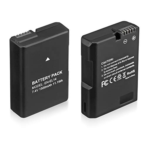 EN-EL14 EN EL14A Battery 2-Pack 1500mAh Li-ion Batteries Compatible with Nikon D3100 D3200 D3300 D3400 D3500 D5100 D5200 D5300 D5500 D5600 DF Coolpix P7000 P7100 P7700 P7800