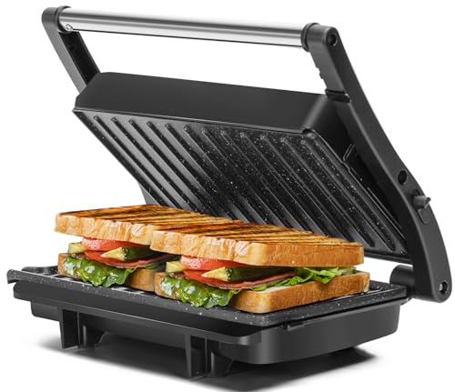 Panini Press Grill, Aigostar 1000W Sandwich Maker with Ceramic Non-stick Plates, Opens 180 Degrees for Any Size Food, 3-in-1 Sandwich Press Electric Grill, Drip Spout & Locking Lid, Sliver