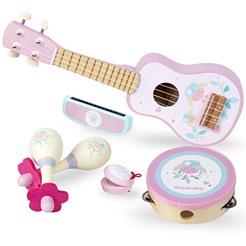 WoodenEdu Kids Guitar for Girls, Wooden Musical Instruments Toys with Ukulele, Tambourine, Maracas, Harmonica, Mini Band Sets for Toddlers 2 3 Years Old Birthday Gift (Pink for Girls)
