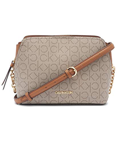 Calvin Klein Hailey Signature Triple Compartment Chain Crossbody, Textured Almond/Taupe/Caramel Linear