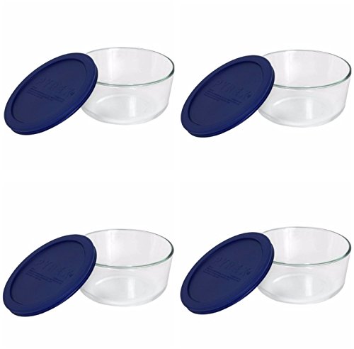 Pyrex Storage 4-Cup Round Dish with Dark Blue Plastic Cover, Clear (Case of 4 Containers)