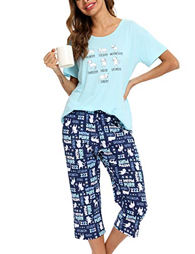 ENJOYNIGHT Women's Pajama Sets cotton Sleepwear Tops with Capri Pants Cute Pjs (Blue Cat, Medium)