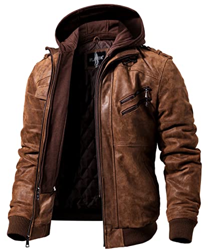 FLAVOR Men Brown Leather Motorcycle Jacket with Removable Hood. (X-Large (US standard), Brown)