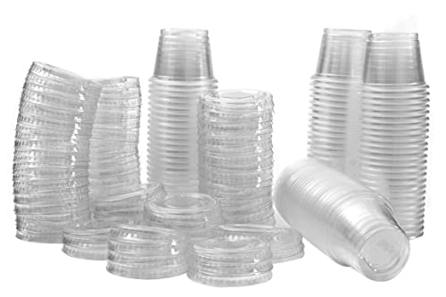 1 oz Containers with Lids | Disposable Plastic Jello Shot Cups | Small Clear Plastic Condiment Cups For Sauce, Souffle, Salad Dressing, Portion Control, Pack of 100