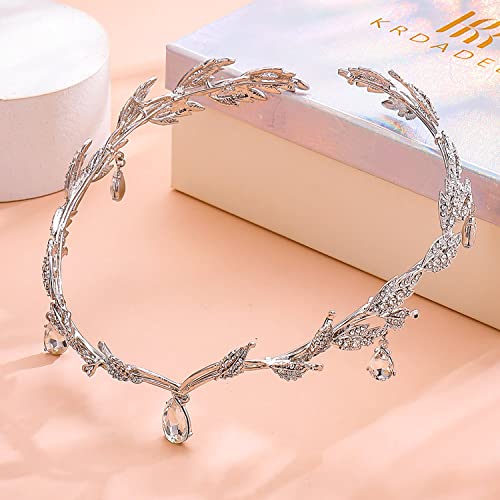 Silver Leaves Tiaras for Women Girls, Fairy Costume for Women Crystal Wedding Headpiece for Bride, Elf Crown for Birthday Cosplay Party Prom Halloween Accessories