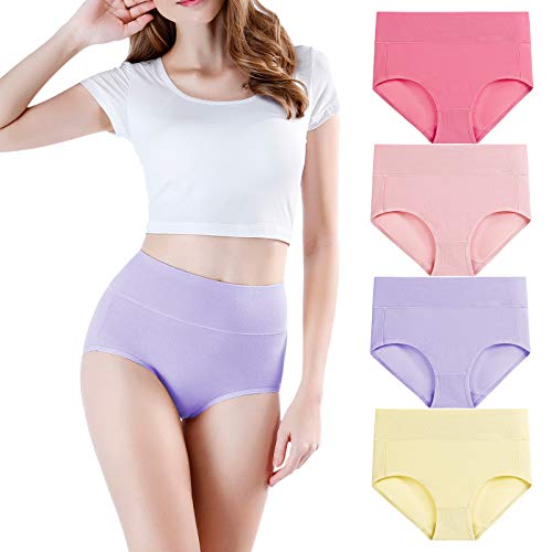 wirarpa Women's Cotton Underwear High Waisted Briefs Ladies Panties Underpants 4 Pack Yellow Purple Pink X-Large